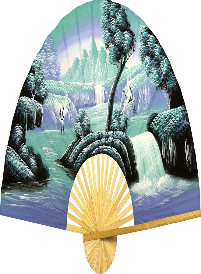 Oriental-Decor مروحة جدارية عملاقة قابلة للطي على شكل رافعات صينية، لوحة فنية جدارية مزخرفة مرسومة يدويًا، لوحة أصلية مصنوعة يدويًا من الأكريليك على إطار من الخيزران الطبيعي لتزيين غرفة المعيشة أو غرفة النوم، ريفية، بوهيمية (عرض 40 بوصة، لون أزرق مائي خيالي) - Image 1